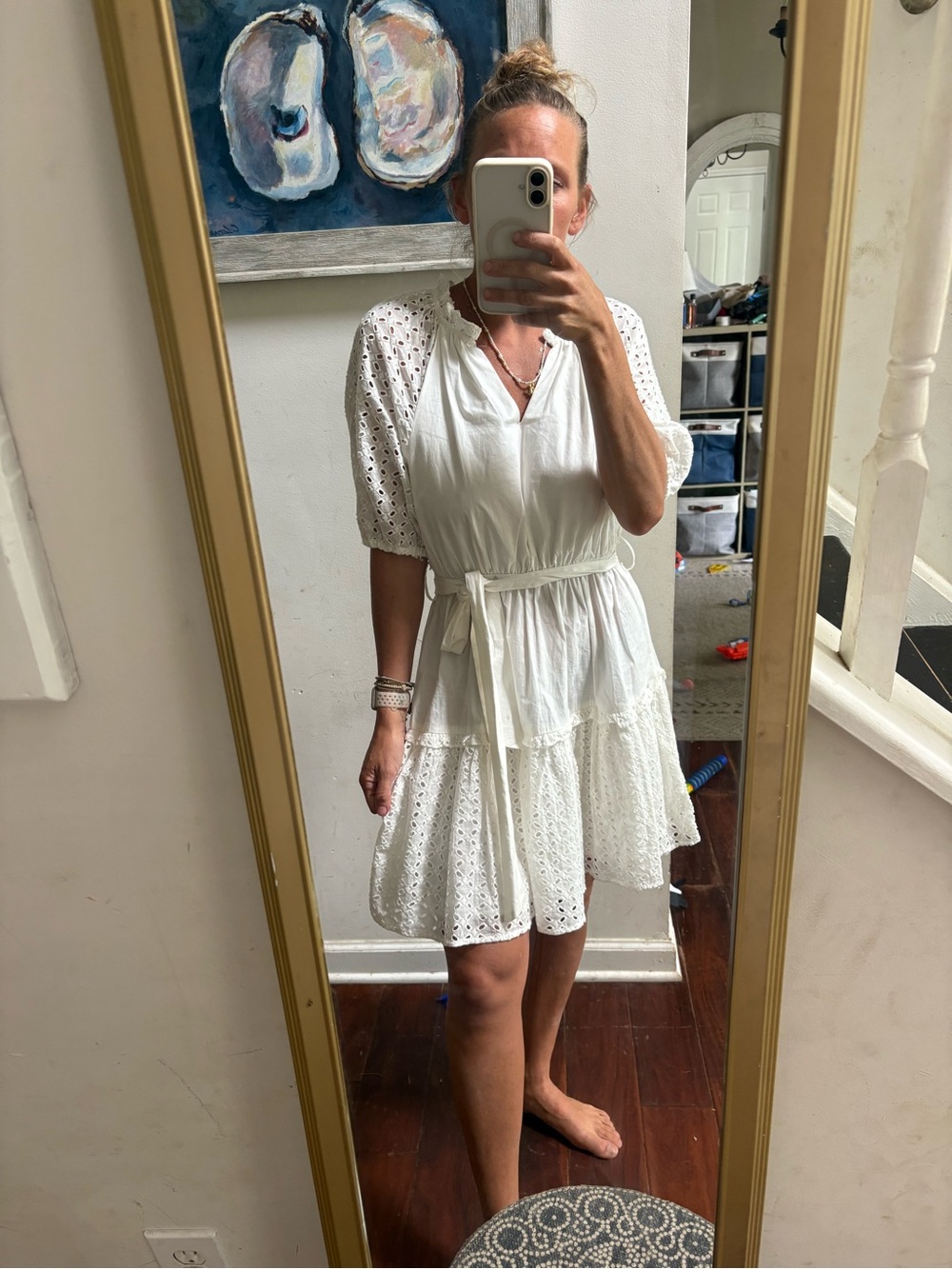 Skies Are Blue White Eyelet Tiered Tie-Waist Mini Dress